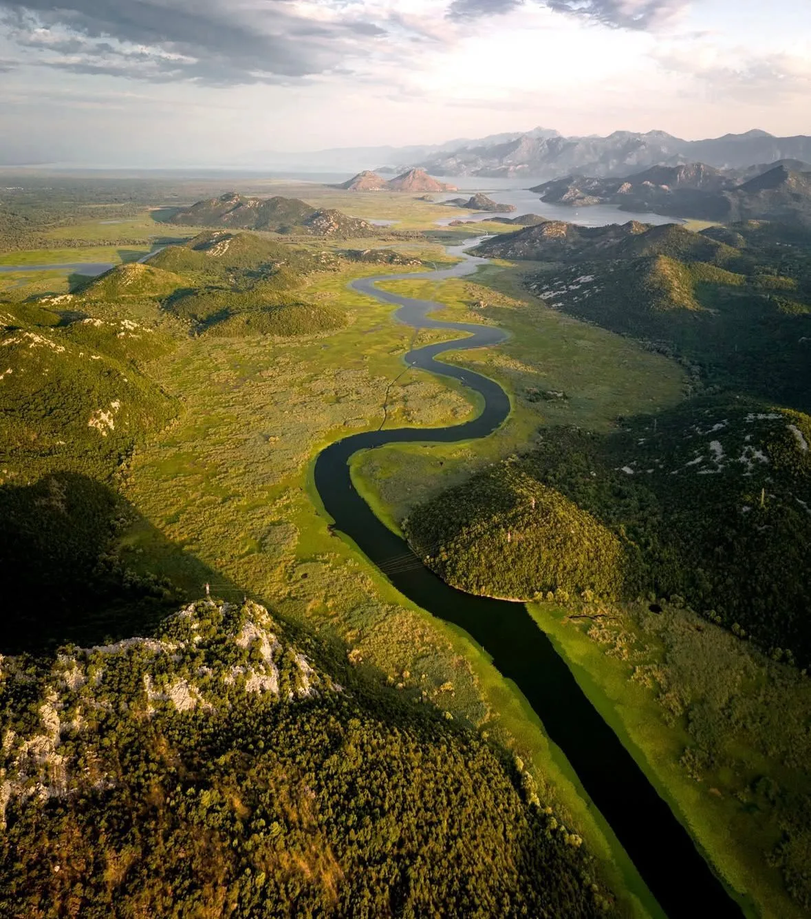 Skadar Lake winding river aerial view