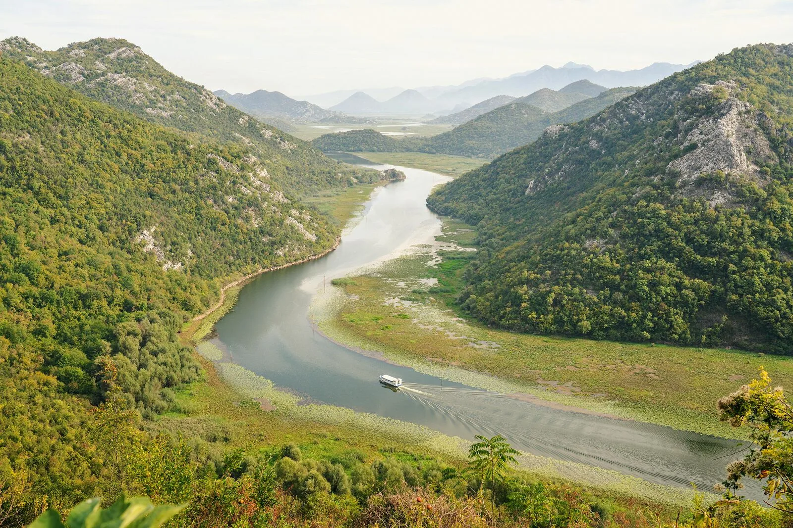 Pavlova Strana panoramic viewpoint Skadar Lake with boat